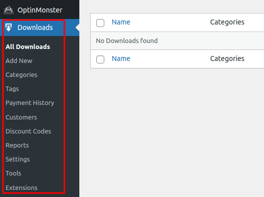 Easy Digital Downloads WordPress dashboard