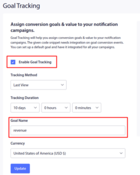 Goal tracking PushEngage