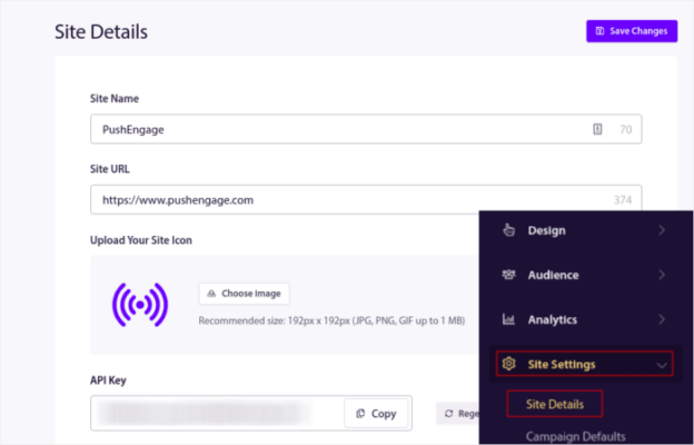 PushEngage Site Settings