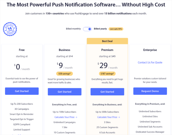 PushEngage pricing model