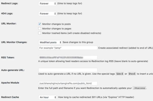 Redirection WordPress plugin configured to monitor URLS