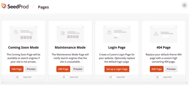SeedProd landing page types