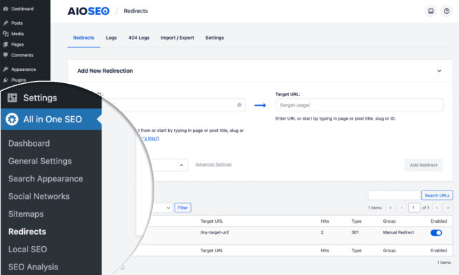 WordPress 301 redirect plugin AIOSEO