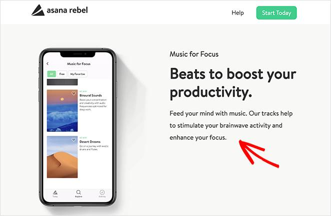 Asana Rebel app landing page body copy