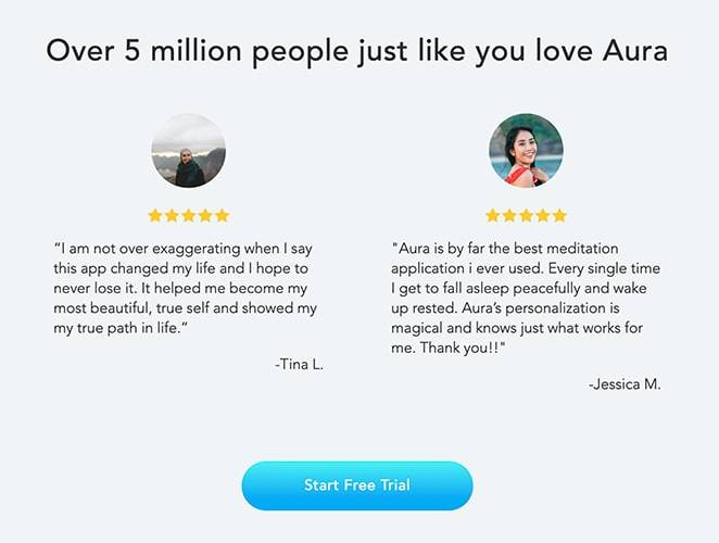 Aura landing page testimonial example