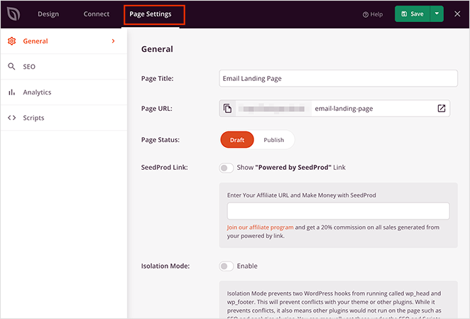 SeedProd Page Settings