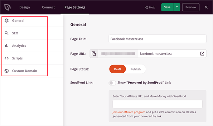 Edit SeedProd landing Page Settings