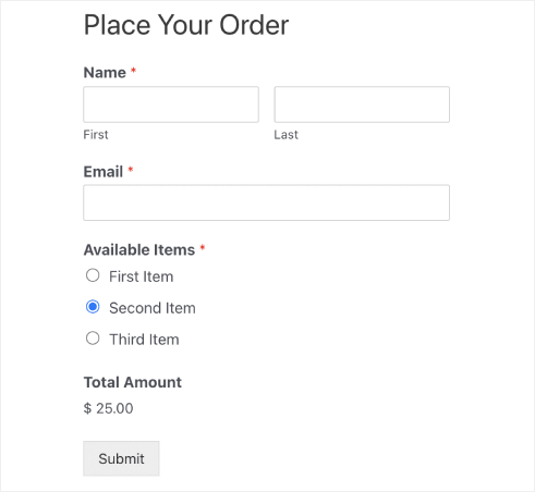 WordPress Order Form Example