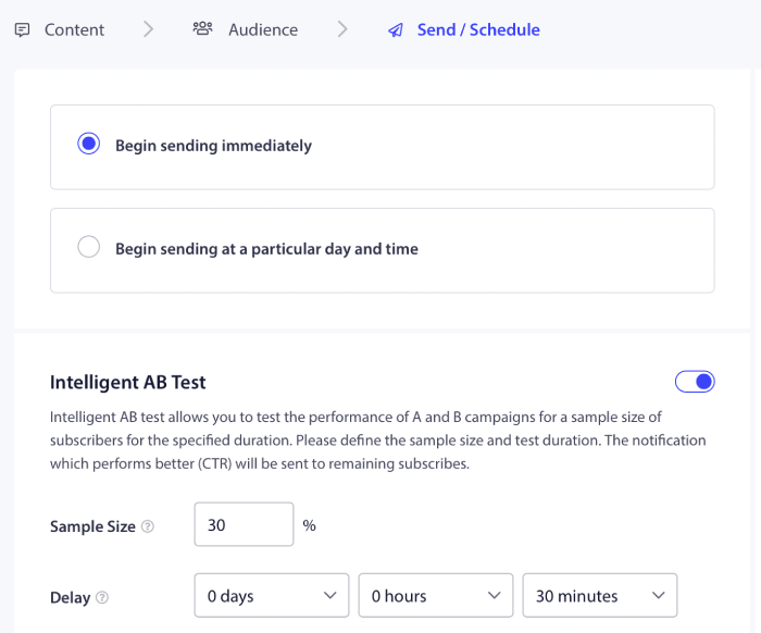 Set Intelligent A/B Testing Options