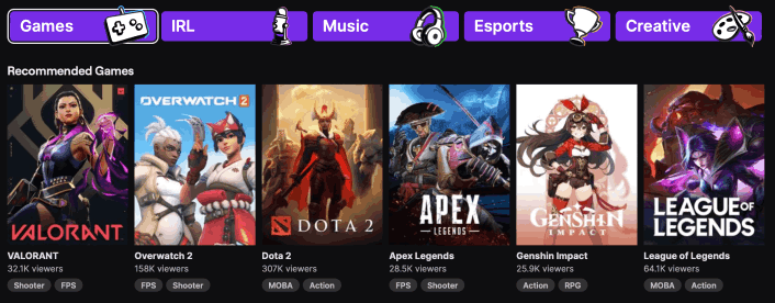 Popular Twitch categories