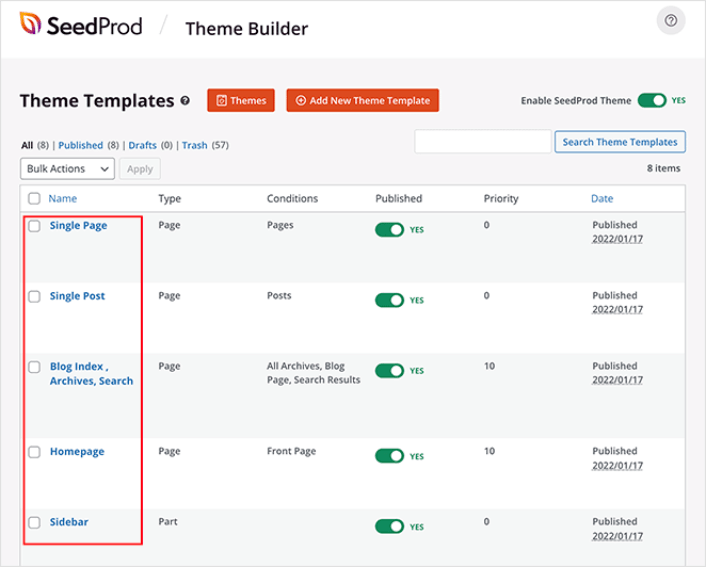 SeedProd theme template parts