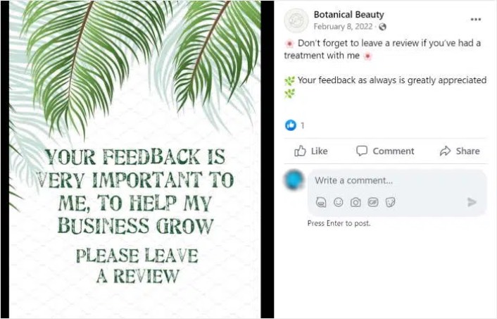 Facebook post asking for reviews