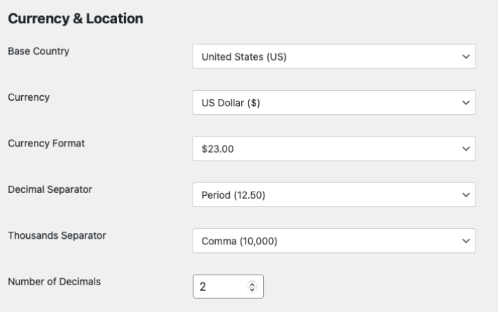 Charitable Currency and Location Settings