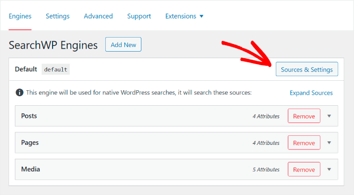 SearchWP Sources and Settings