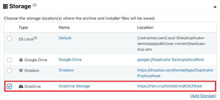 Select Backup Storage Location