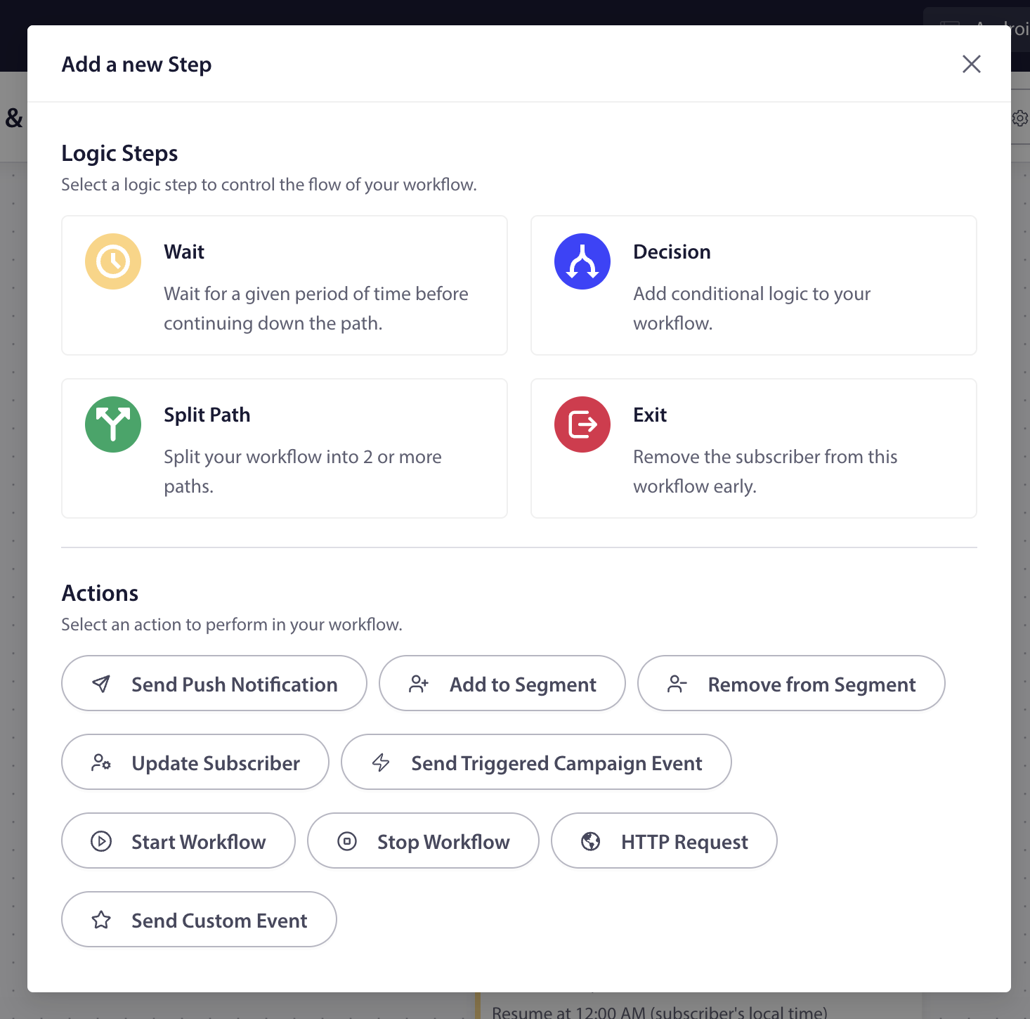PushEngage Workflows step picker with Wait, Decision, Split Path, and Exit logic steps plus actions such as Send Push Notification, Add to Segment, and HTTP Request
