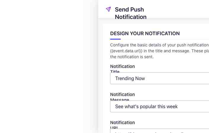 PushEngage Workflows notification composer showing title, message, URL fields with AI text generation and multi-platform live preview