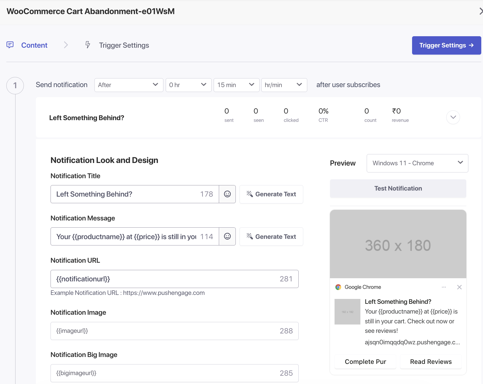 Screen shows WooCommerce Cart Abandonment settings with Send notification step and notification preview pane on the right.