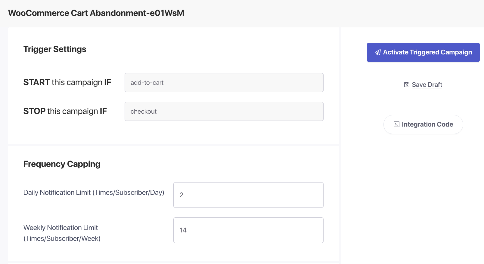 Tetikleyici Kurallar ve Sıklık Sınırları ile WooCommerce Sepet Terk Etme ayarlar paneli, sağ tarafta Tetikleyiciyi Etkinleştir düğmesi bulunur.