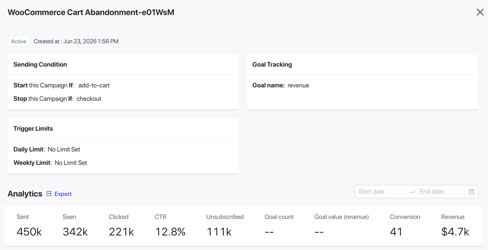 WooCommerce sepet terk etme kampanyası için kontrol paneli: gönderme koşulları, hedef izleme ve tetikleyici limitleri için ayar kartları, altında analizler bulunur.