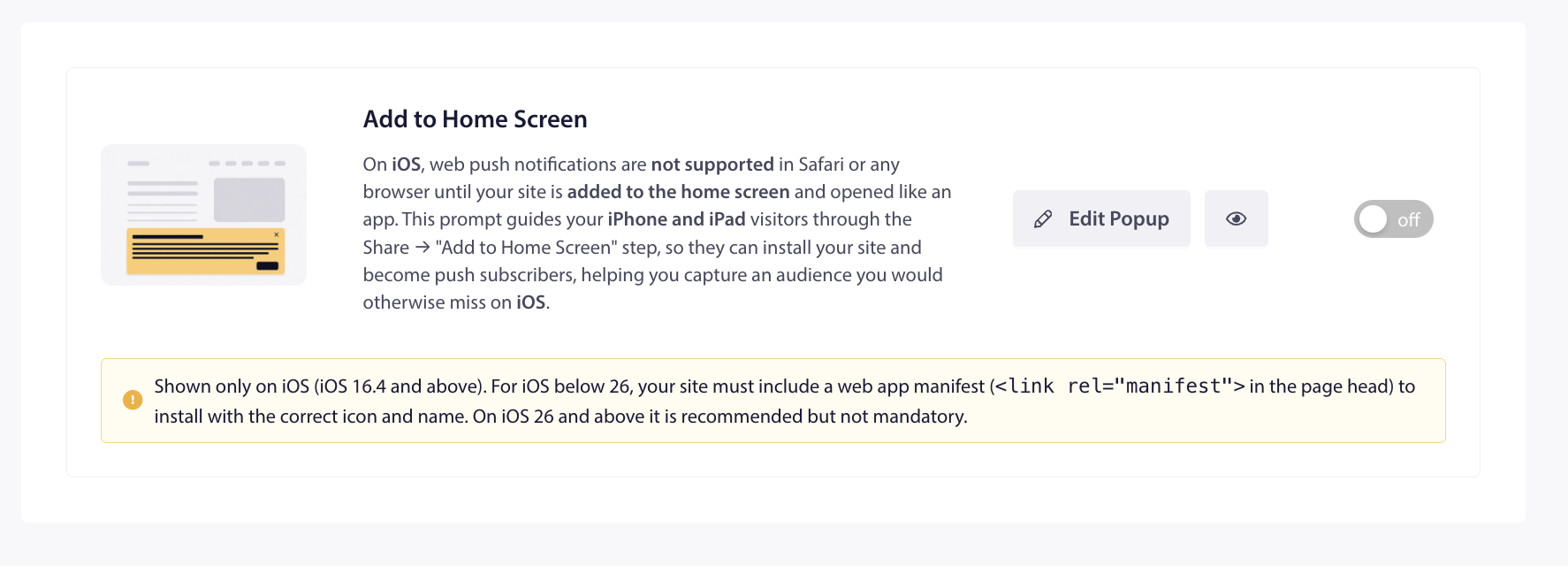 Prompt-kort, der forklarer, hvordan du tilføjer et websted til startskærmen på iOS, med illustration og handlingsknapper (Rediger popup, Forhåndsvisning øjeikon) og en sluk-knap; gul advarselsboks nedenfor.