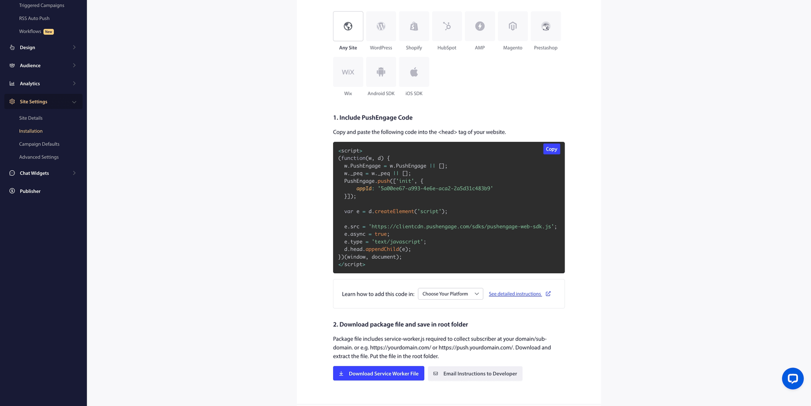 PushEngage installation code and Download Service Worker File button in Site Settings