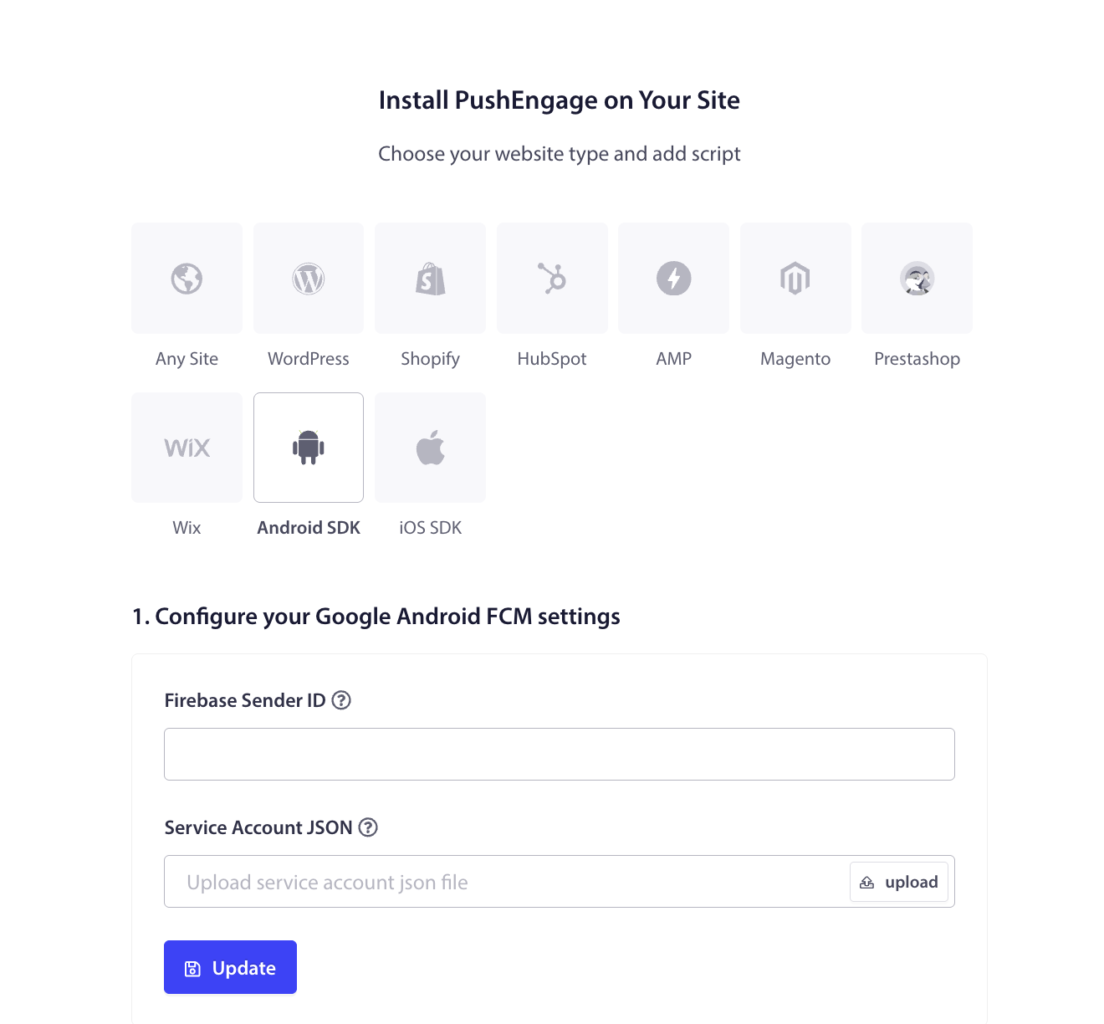 معالج لتثبيت PushEngage: اختر نوع الموقع من الأيقونات (أي موقع، WordPress، Shopify، HubSpot، AMP، Magento، Prestashop، Wix، Android SDK، iOS SDK). العنوان هو 'تثبيت PushEngage على موقعك'.