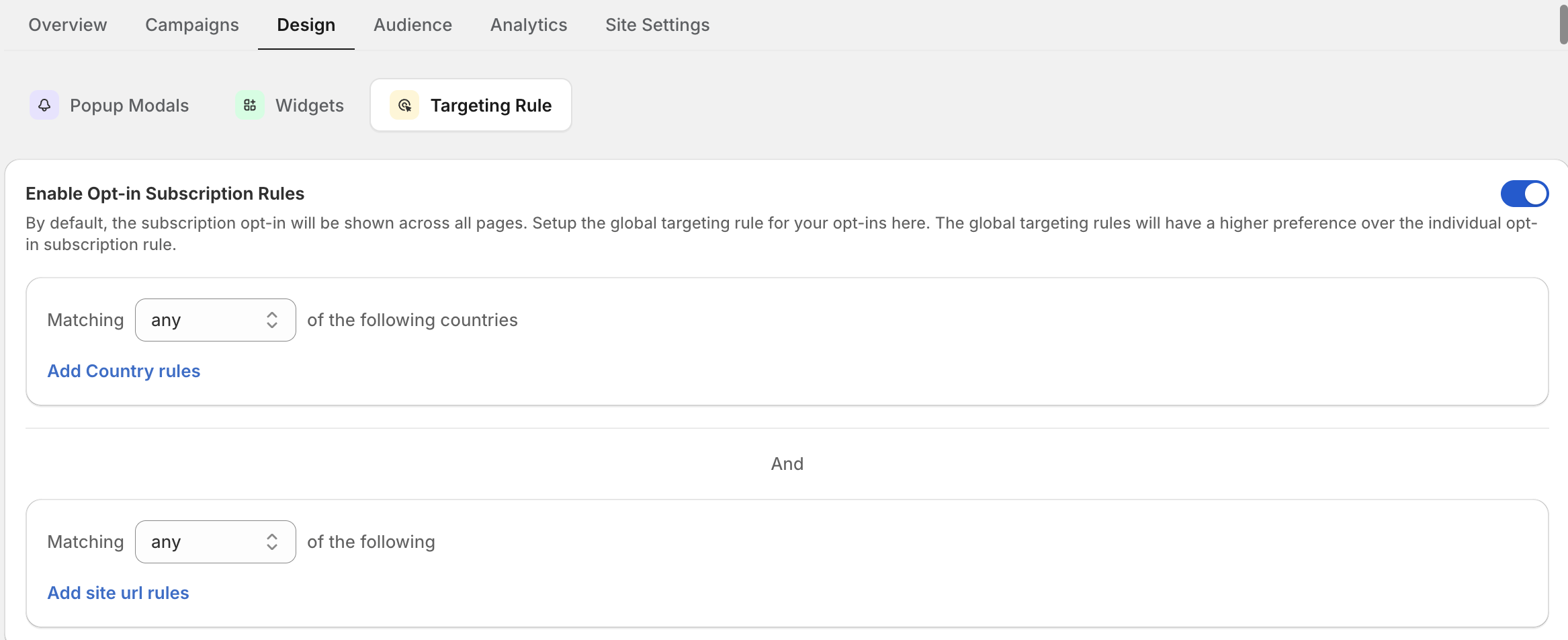 Painel da interface do utilizador para ativar regras de adesão com segmentação global por países e URLs de sites (bloqueio de países e bloqueio de URL de site)