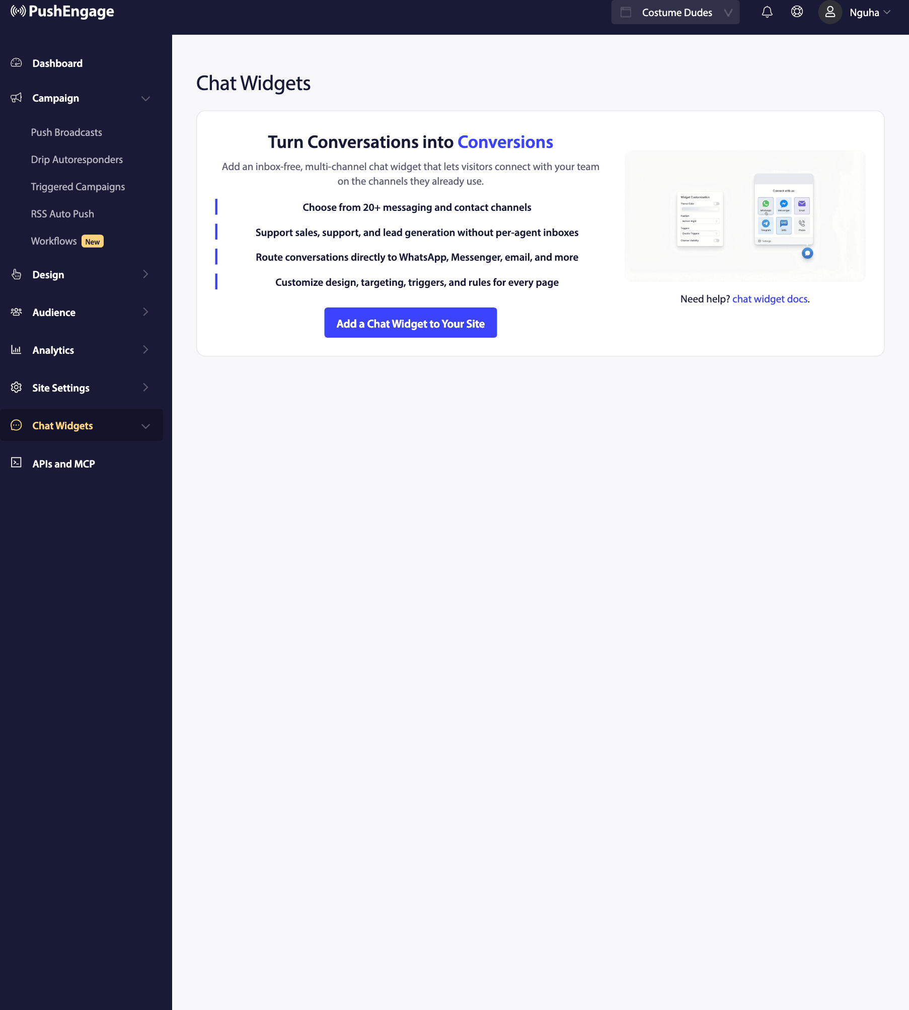 Layout do painel com navegação à esquerda; o painel central promove Widgets de Chat: 'Transforme Conversas em Conversões', lista de funcionalidades, botão azul 'Adicionar um Widget de Chat ao Seu Site' e imagem de ajuda à direita.