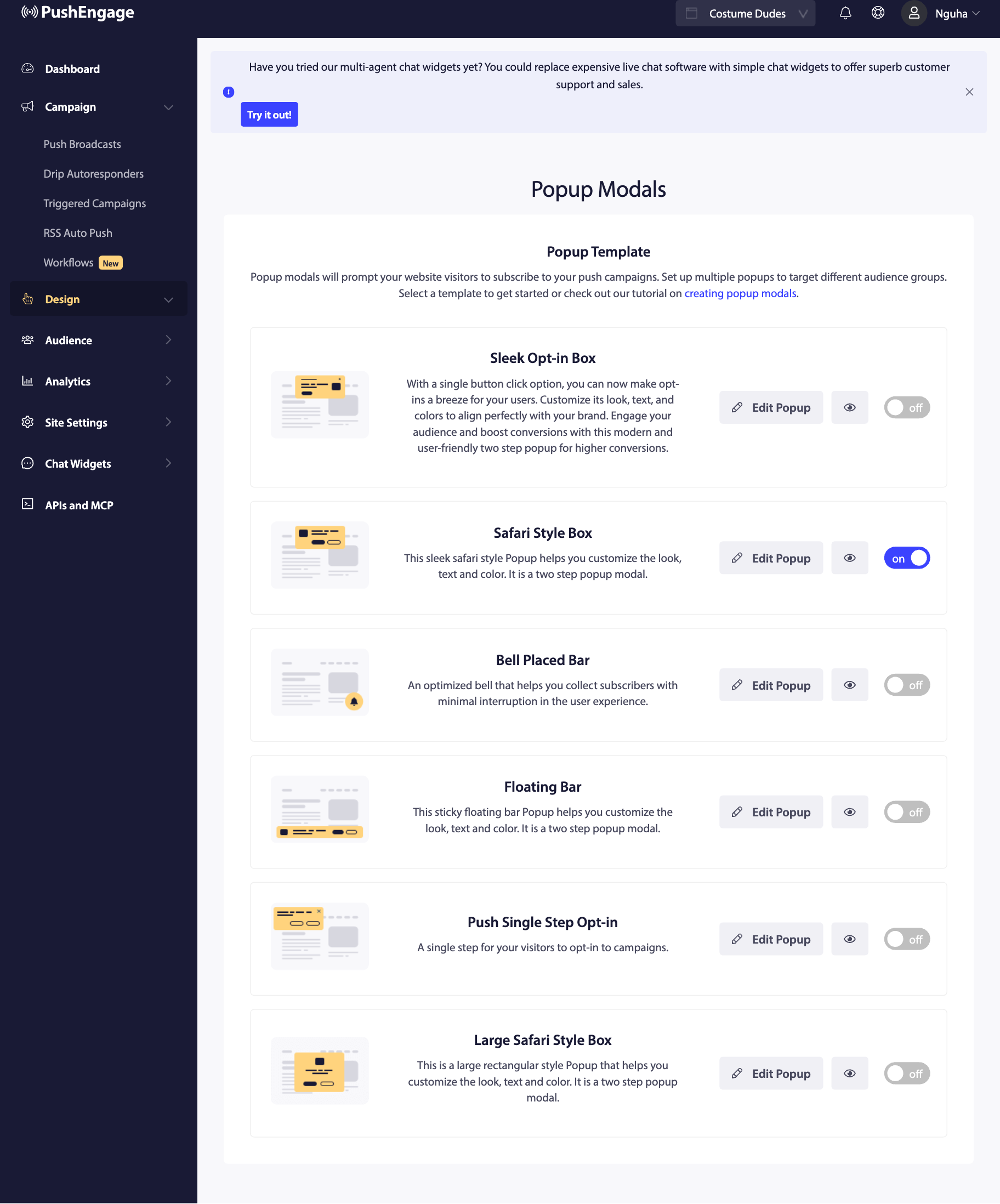 The PushEngage opt-in popup template gallery: Sleek Opt-in Box, Safari Style Box, Bell Placed Bar, Floating Bar, and single-step prompts