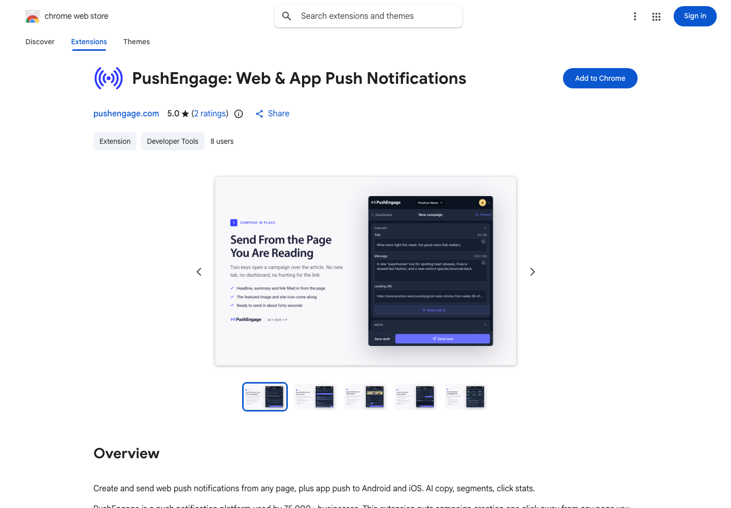 PushEngage: Web & App Push-Benachrichtigungen im Chrome Web Store mit der Schaltfläche „Zu Chrome hinzufügen“