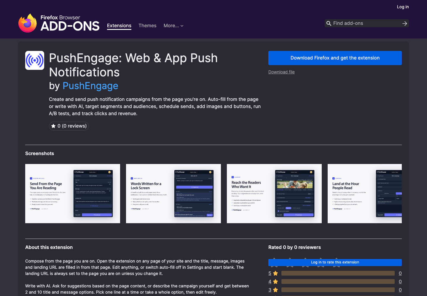 PushEngage: Web & App Push-Benachrichtigungen auf Firefox Add-ons mit der Screenshot-Reihe