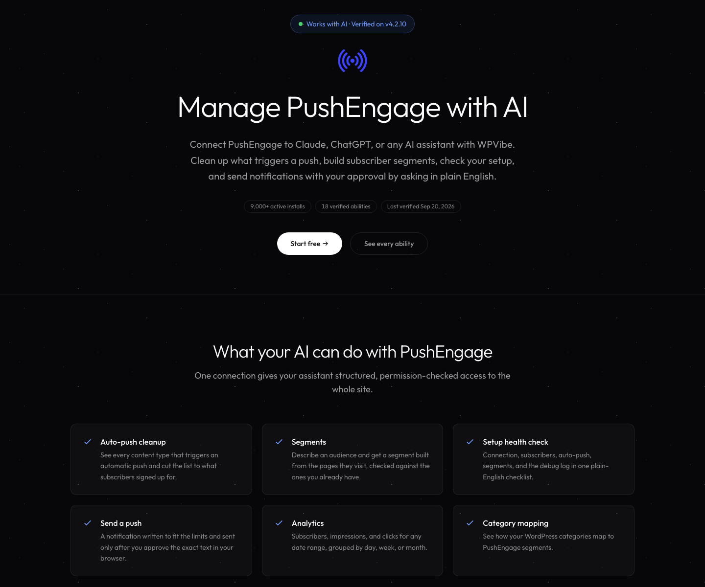Pagina WPVibe Works with PushEngage che mostra il badge verificato per PushEngage 4.2.10 e sei funzionalità: pulizia auto-push, segmenti, controllo di integrità della configurazione, invio di un push, analisi e mappatura delle categorie