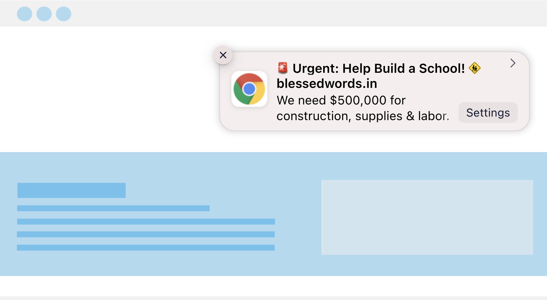 Eksempel på fundraising push-notifikation vist i en desktop-browser