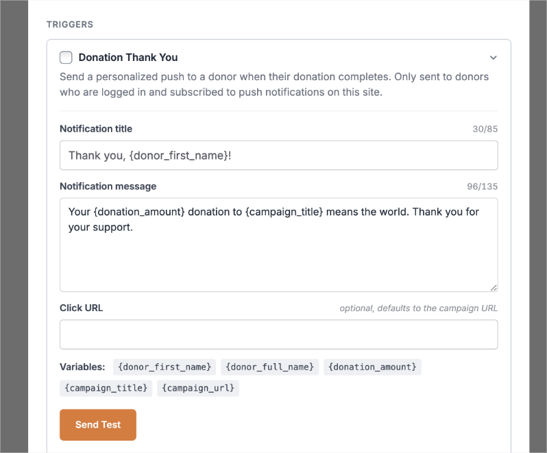 Redigering af Donations Tak push-notifikationen med pladsholdere og Send Test-knappen