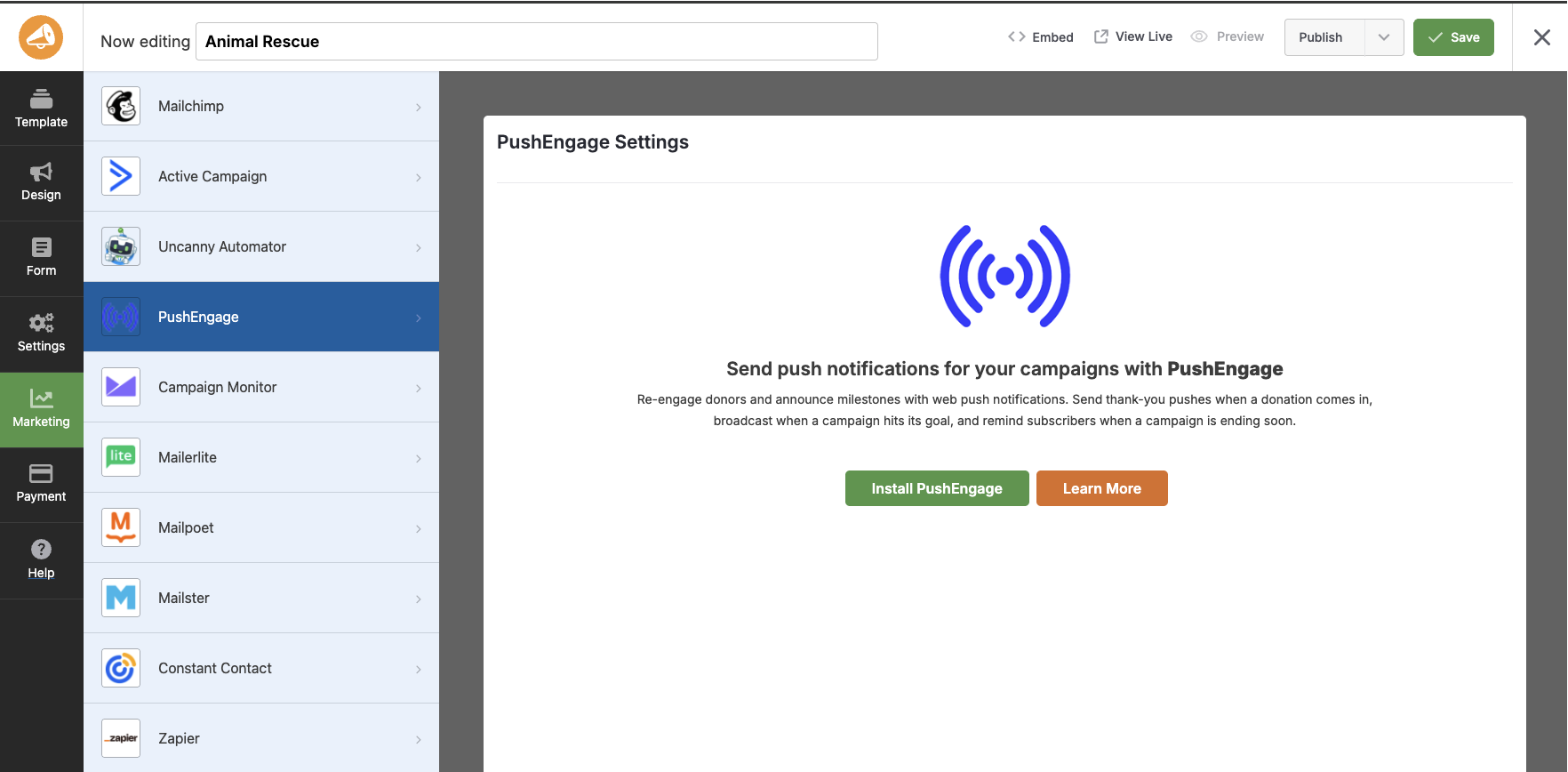 PushEngage under Marketing-fanen i Charitable Campaign Builder