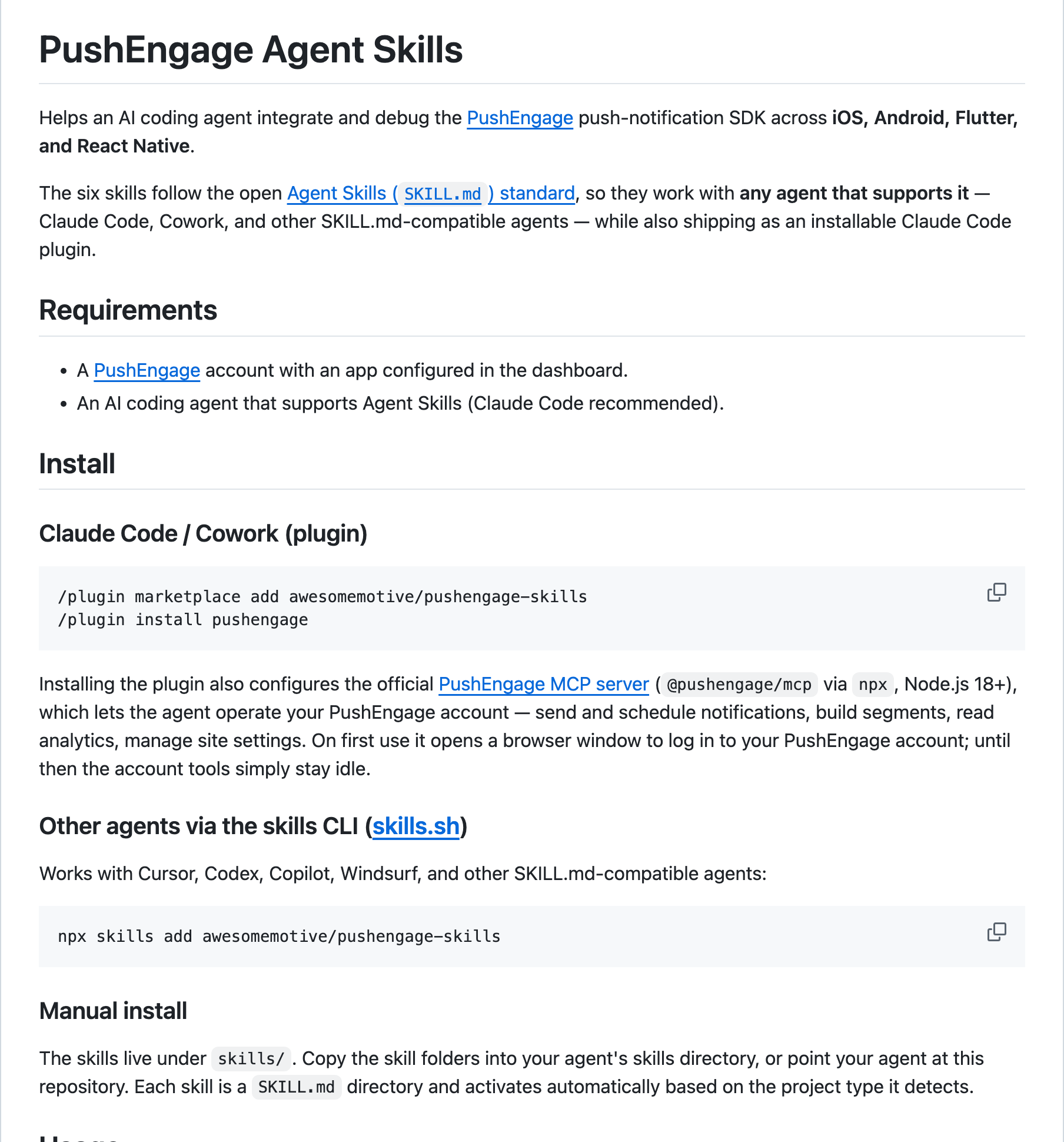 Claude Kod eklentisi ve beceriler komut satırı yükleme komutları ile GitHub'da PushEngage Agent Skills README