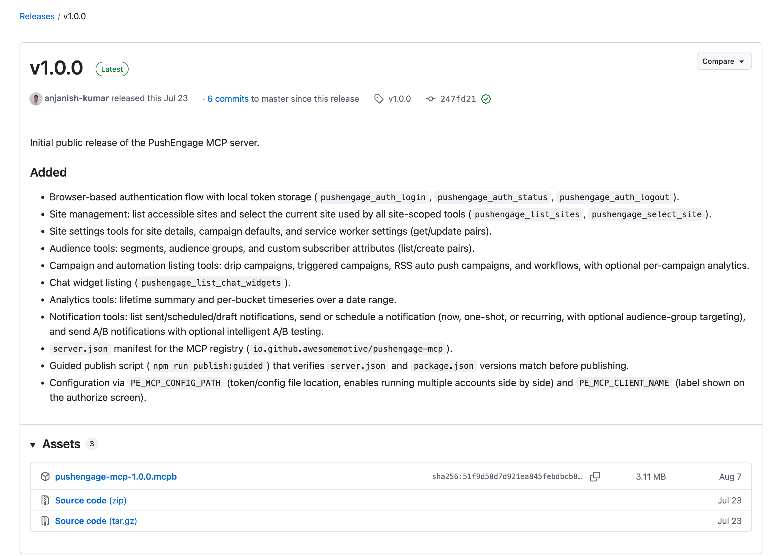 pushengage-mcp-1.0.0.mcpb Claude Desktop paketi ile PushEngage MCP sunucusu v1.0.0 için GitHub sürüm sayfası