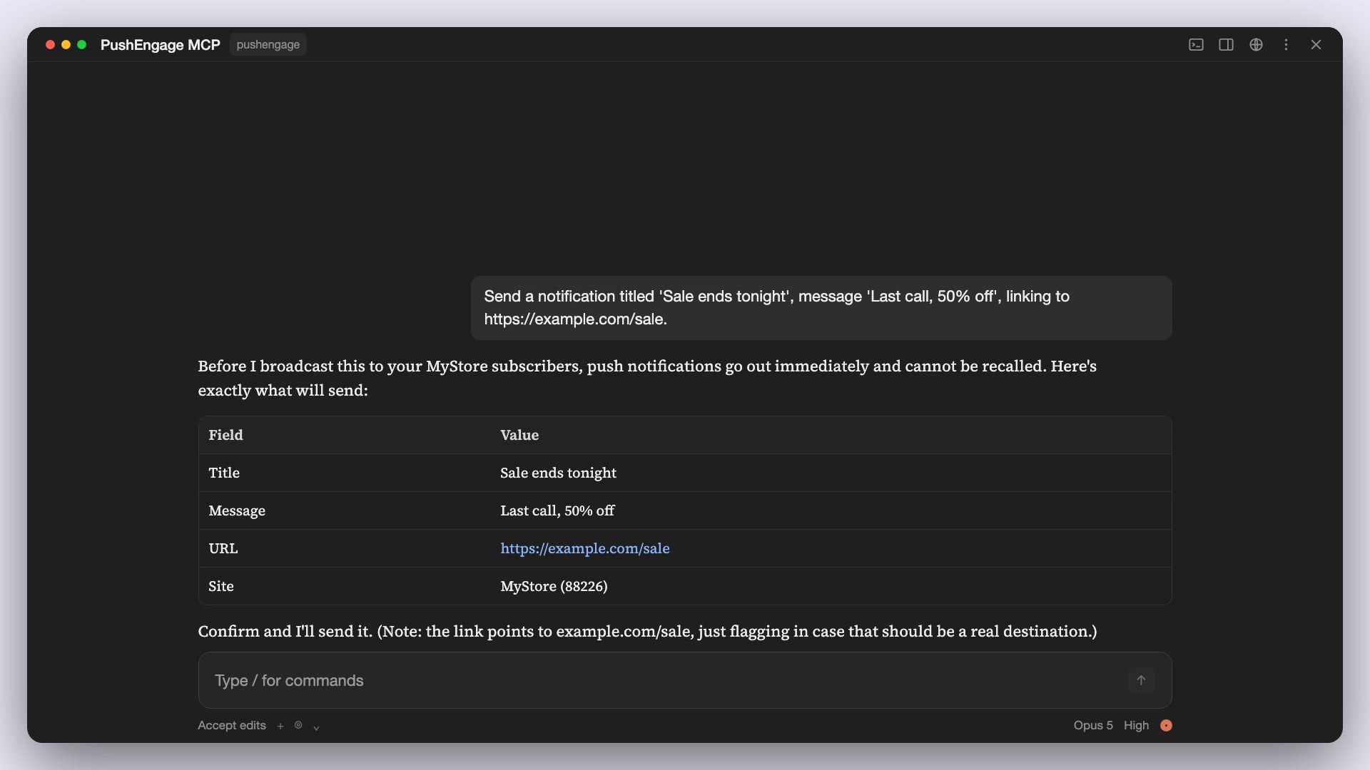PushEngage MCP, bir anlık iletinin tam başlığını, iletisini ve URL'sini gösteriyor ve göndermeden önce onay istiyor