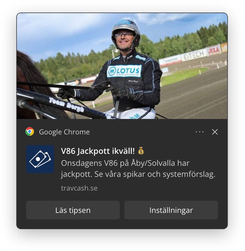 Travcash V86 jackpot push notification on desktop Chrome with a large image